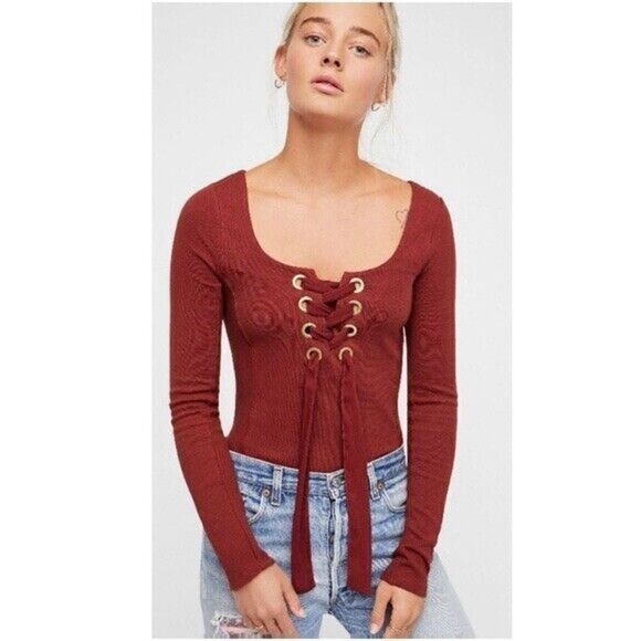 Free People Burnt Orange Lace Up Satin Ribbon Front Long Sleeve Top, Size Xsmall - Picture 1 of 13
